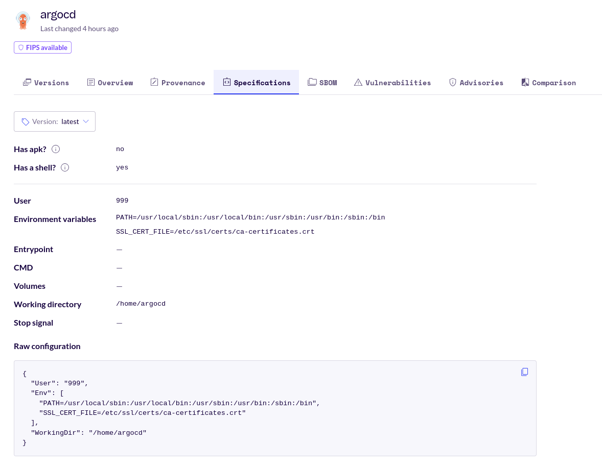 Screenshot showing the &ldquo;Specification&rdquo; tab for the argocd image.